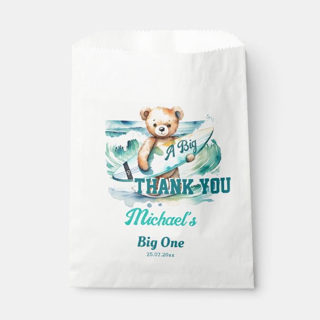 The big one surfing birthday party thank you favour bags (Front)