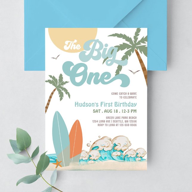 The Big One Surfing Boy 1st Birthday Beach Party Invitation (Creator Uploaded)