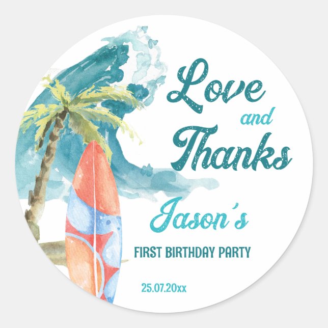 The big one surfing retro beach party thank you classic round sticker (Front)