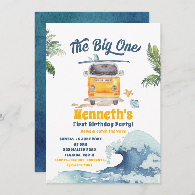 The Big One Surfing Retro First Birthday Invitatio Invitation (Front/Back)