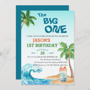 The Big One Watercolor Beach Surf 1st Birthday Invitation