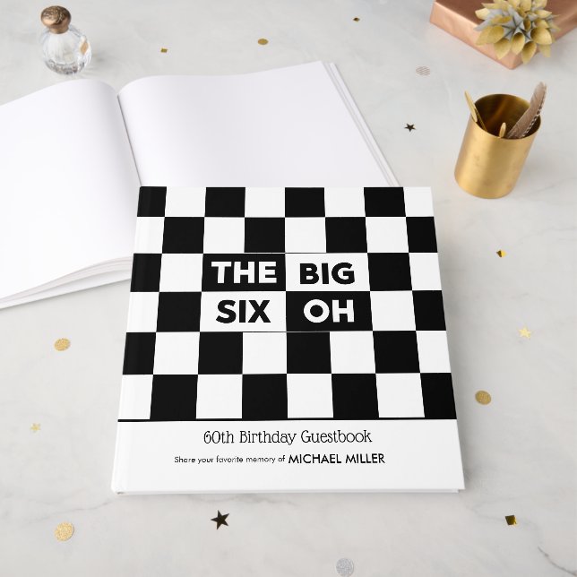 The Big Six Oh Black White Checkered 60th Birthday Guest Book (Front Open)