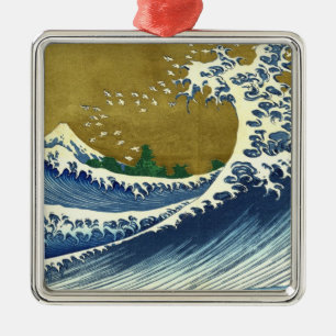 The Big Wave (Blue and Gold Japanese Art, Hokusai) Metal Tree Decoration