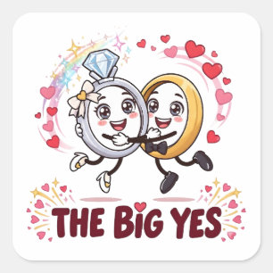 The Big Yes Engagement Ring Cartoon Couple Square Sticker
