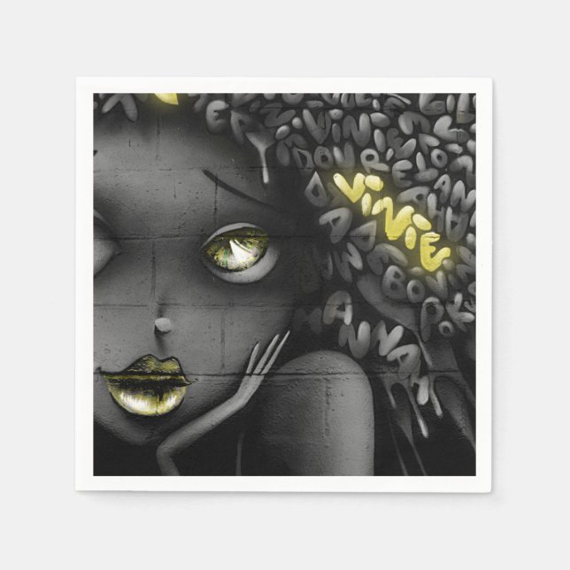 The black and white and yellow graffiti woman napkin (Front)