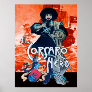 THE BLACK CORSAIR /Pirate Ship Battle In Red Poster