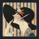 “The Black Hat” Art Deco by George Barbier Square Wall Clock<br><div class="desc">George Barbier was one of the preeminent fashion illustrators of the early twentieth century in the forefront of the alliance between art and fashion. He and and his fellow illustrators created bold,  stylised images that conveyed mood and atmosphere.  This illustration is “The Black Hat” for La Parisienne magazine.</div>