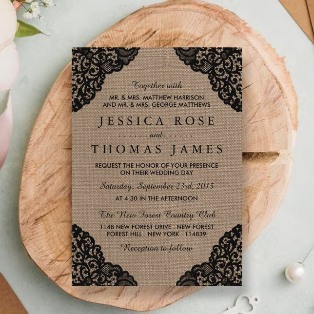 The Black Lace On Rustic Burlap Wedding Collection Invitation (Creator Uploaded)