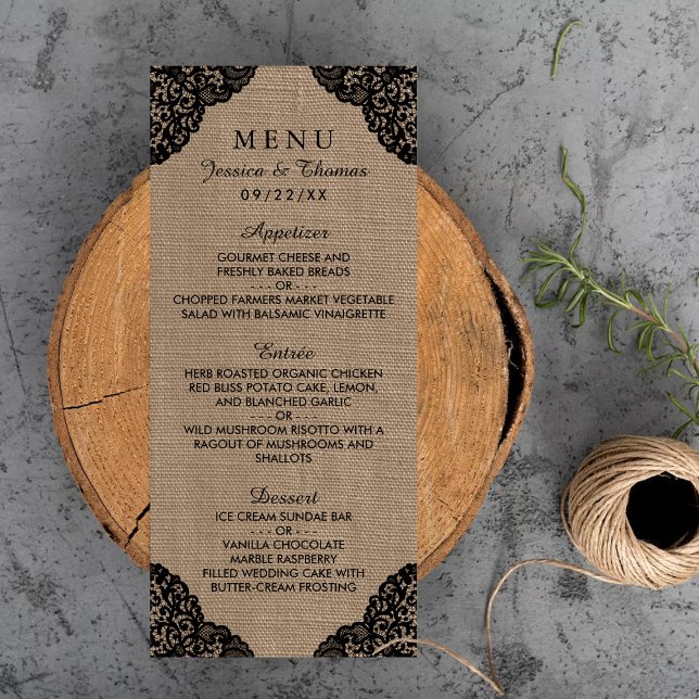 The Black Lace On Rustic Burlap Wedding Collection Menu (Creator Uploaded)