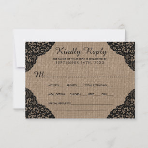 The Black Lace On Rustic Burlap Wedding Collection RSVP Card
