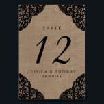 The Black Lace On Rustic Burlap Wedding Collection Table Number<br><div class="desc">The black lace on rustic burlap wedding collection is a stunning design featuring a lovely rustic burlap effect background with a romantic vintage black lace effect trim. These table number cards can be personalised for your special occasion and would make the perfect accessory for any rustic wedding, bridal shower, engagement...</div>