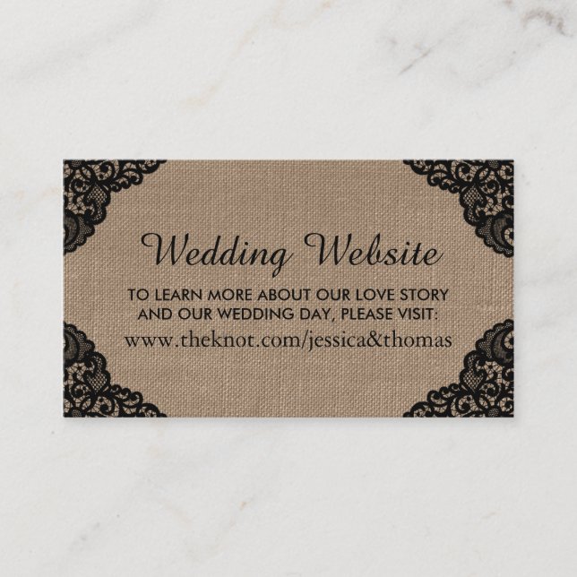The Black Lace On Rustic Burlap Wedding Website Enclosure Card (Front)