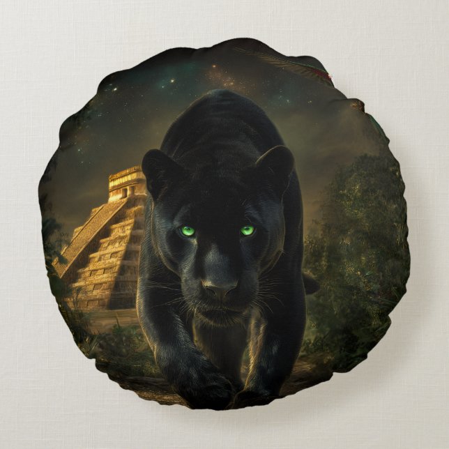 The Black Puma and the Green Macaw Round Cushion (Back)