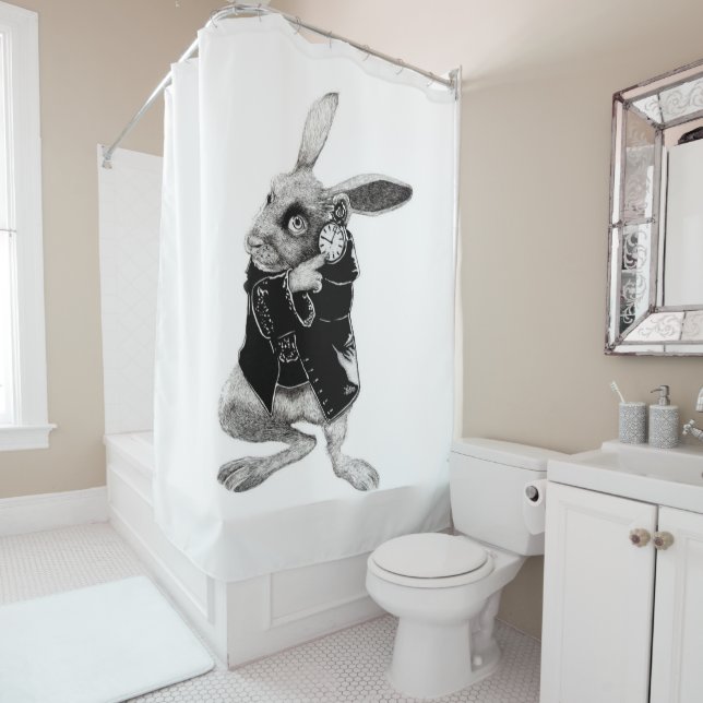The Black Rabbit Watch Shower Curtain (In Situ)