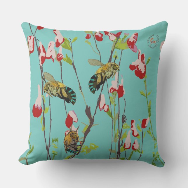 The Blue Banded Bee on Aqua by Chrissy Wild Cushion (Front)