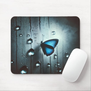 The blue butterfly under the rain mouse pad