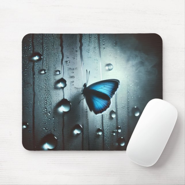 The blue butterfly under the rain mouse pad (With Mouse)