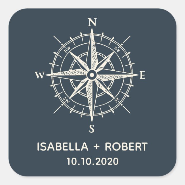The Blue Compass | Wedding Monogram Square Sticker (Front)