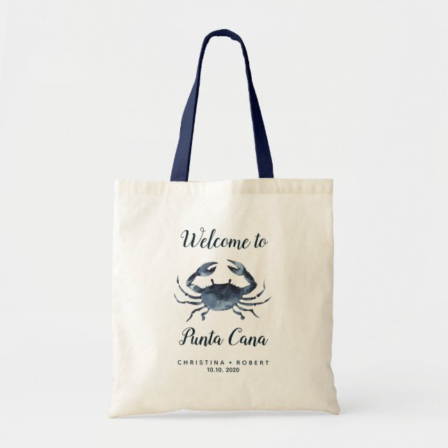 The Blue Crab Nautical Wedding Custom Welcome Tote Bag (Front)