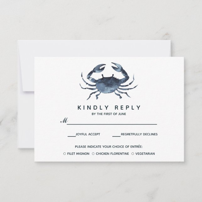 The Blue Crab | Wedding RSVP with meal choise Card (Front)