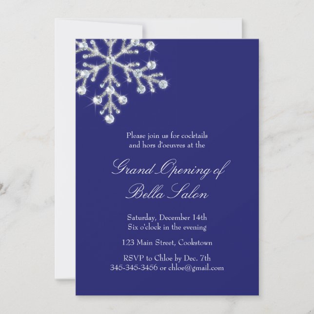 The Blue Grand Opening Offset Crystal Snowflake Invitation (Front)