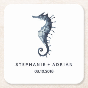 The Blue Seahorse   Customised Wedding Square Paper Coaster