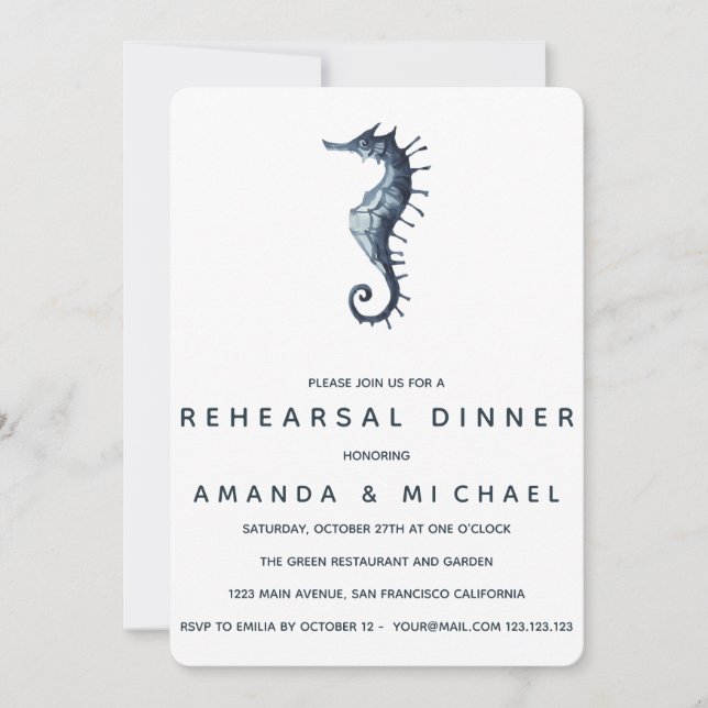 The Blue Seahorse Wedding Rehearsal Dinner Invitation (Front)