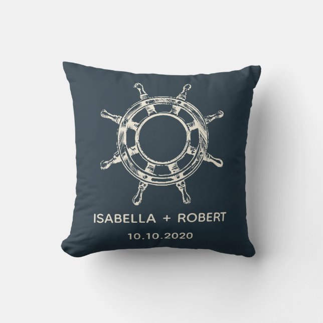 The Blue Ship's wheel | Wedding Keepsake Cushion (Front)