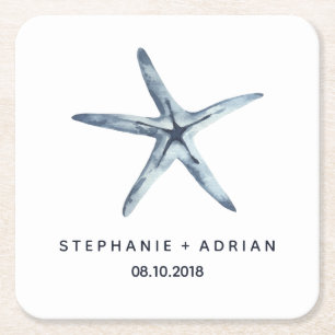 The Blue Starfish   Customised Wedding Square Paper Coaster