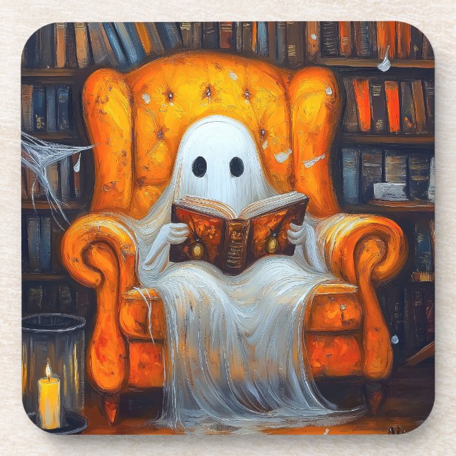 The Bookish Ghost | Cosy Halloween Library Scene Coaster (Front)