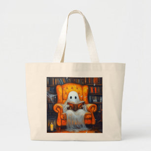 The Bookish Ghost Cosy Halloween Library Scene Large Tote Bag
