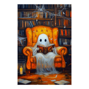 The Bookish Ghost   Cosy Halloween Library Scene Poster