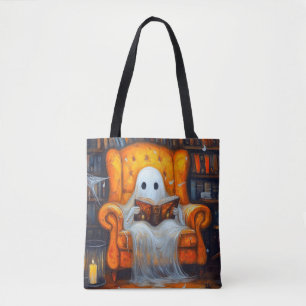 The Bookish Ghost   Cosy Halloween Library Scene Tote Bag