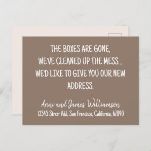 THE BOXES ARE GONE, WE'VE CLEANED UP MESS MOVING  HOLIDAY POSTCARD