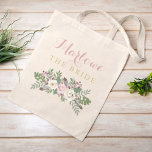 The Bride Dusty Pink Floral Boho Custom Wedding Tote Bag<br><div class="desc">Our vintage boho floral wedding "The Bride" tote bag features a moody floral arrangement of romantic roses, peony and anemone flowers, greenery, and rustic bohemian feather accents in rich shades of dusty rose, mauve pink, cassis, creamy white, moss green, grey, and gold on a dark grey / black background colour....</div>