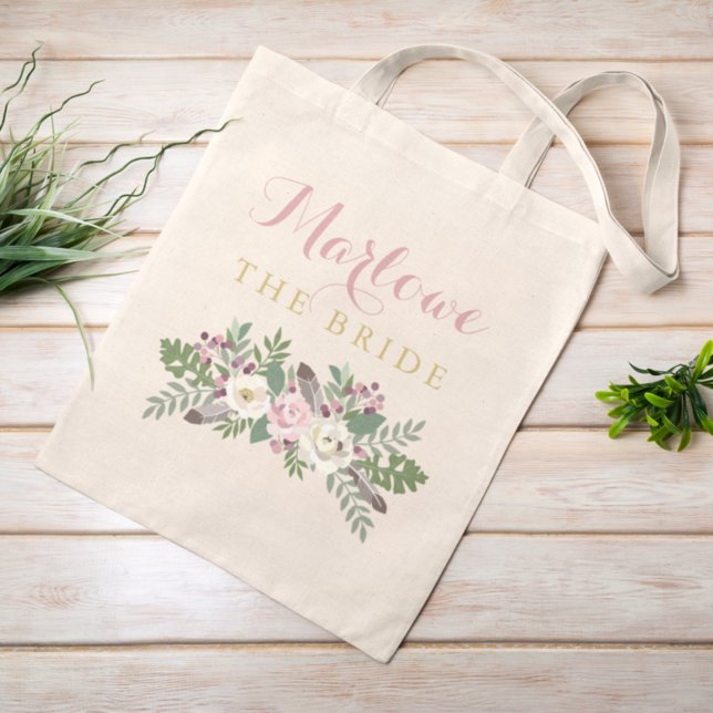 The Bride Dusty Pink Floral Boho Custom Wedding Tote Bag (Creator Uploaded)