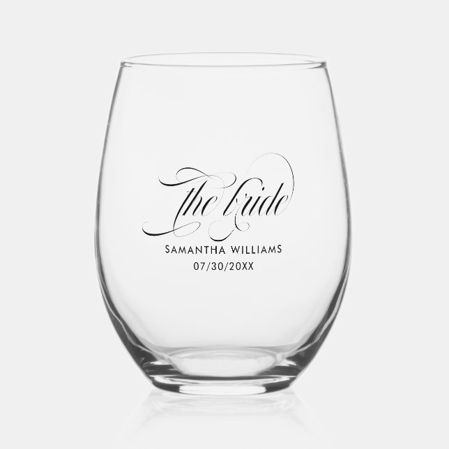 The Bride Elegant Black  Script Typography Stemless Wine Glass (Front)