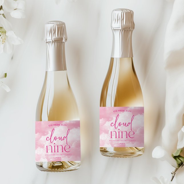 The Bride Is On Cloud Nine Pink Bachelorette Party Sparkling Wine Label (Creator Uploaded)