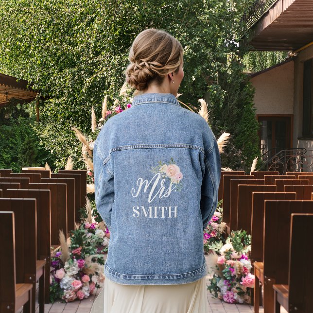 The Bride Mrs. Pink Floral Bouquet Denim Jacket (Creator Uploaded)