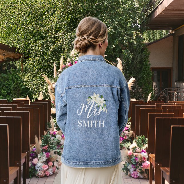 The Bride Mrs. White Lilies Floral Bouquet Denim Jacket (Creator Uploaded)