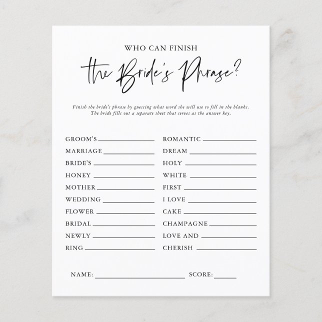 The Bride's Phrase | Bridal Shower Game (Front)