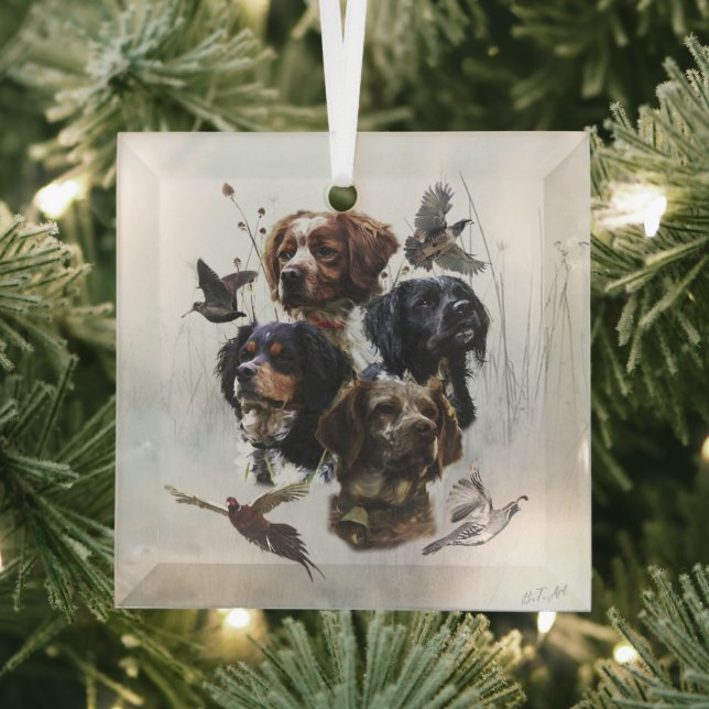 The Brittany Spaniels , Bird Hunting Season Glass Tree Decoration (Insitu)