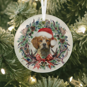 The Brittany Spaniels , Christmas  Glass Tree Decoration