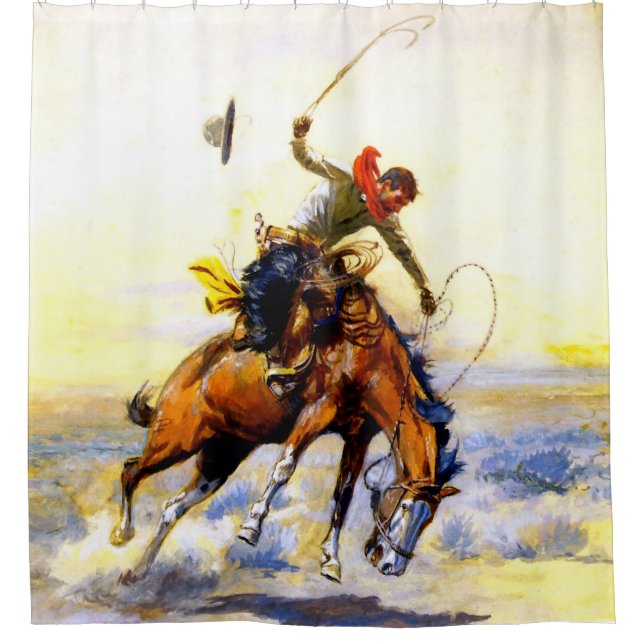 “The Bucker” Western Art by Charles M Russell Shower Curtain (Front)