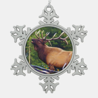 The Bugler Elk Bull Snowflake Pewter Christmas Ornament