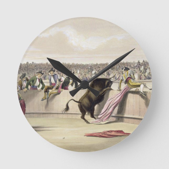 The Bull Leaping the Barriers, 1865 (color litho) Round Clock (Front)