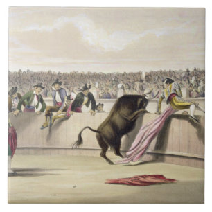 The Bull Leaping the Barriers, 1865 (colour litho) Tile