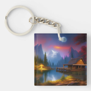 The Cabin in the Cove under the Moon Key Ring