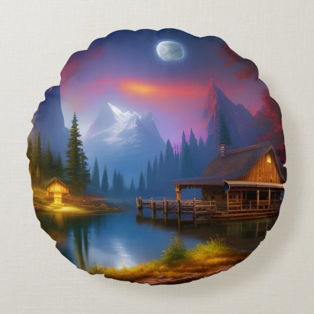 The Cabin in the Cove under the Moon  Round Cushion (Front)