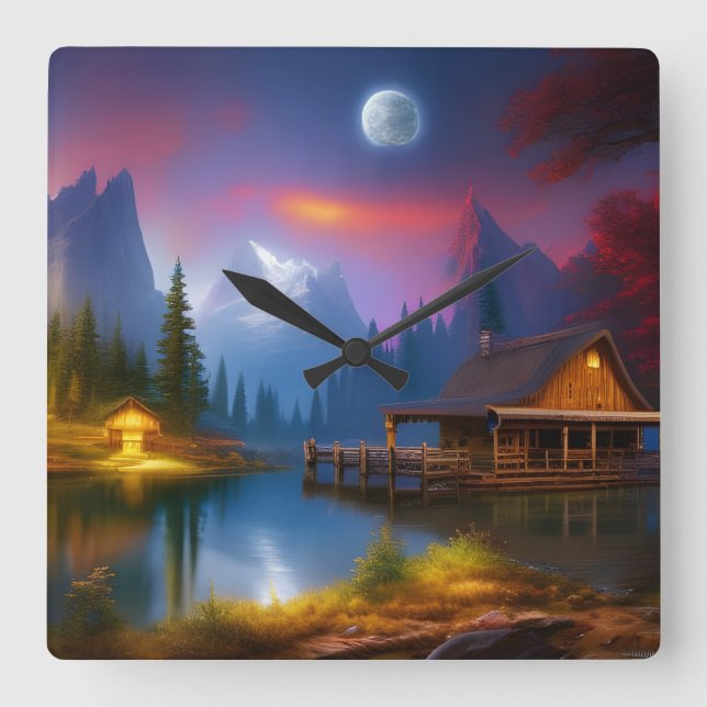 The Cabin in the Cove under the Moon   Square Wall Clock (Front)